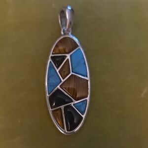 Lia Sophia Artistic Mosaic Pendant Necklace Turquoise Brown Black  Silver Oval
